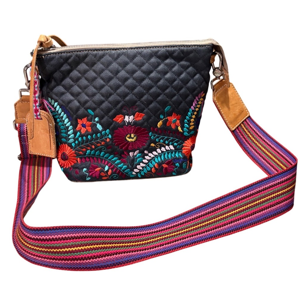 Retired Consuela Venice Wedge Crossbody Bag Floral Embroidered Quilted